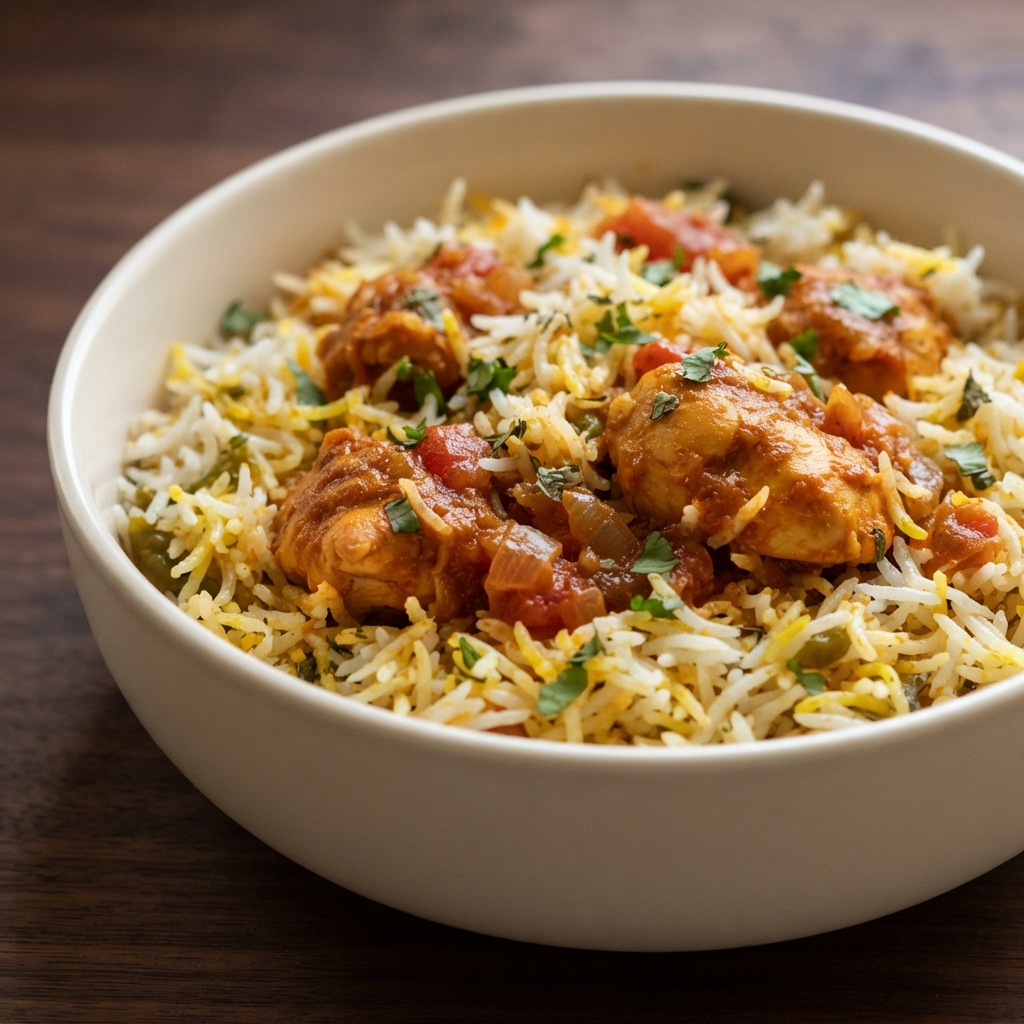 Chicken Biryani with Spiced Tomato-Onion Masala