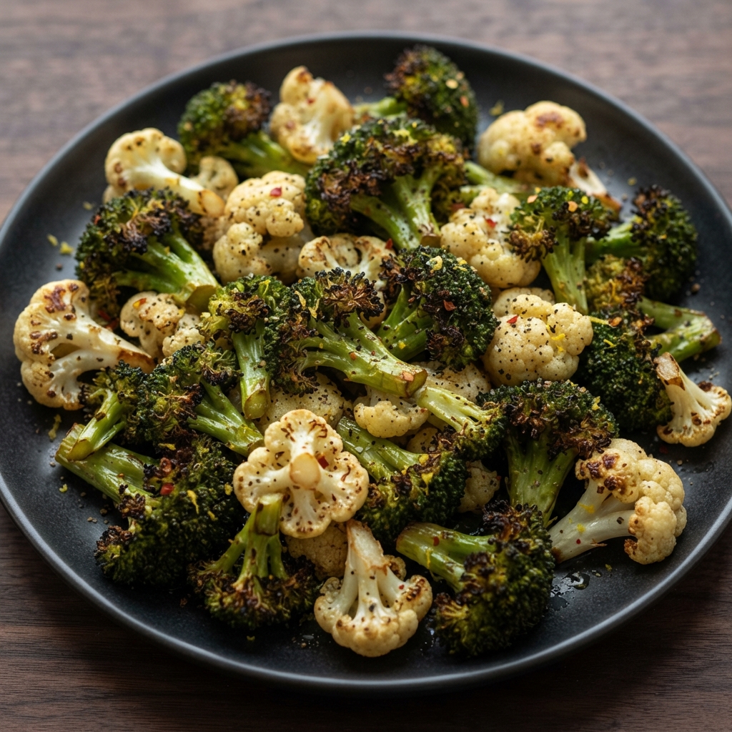 Roasted Broccoli and Cauliflower with Lemon-Pepper