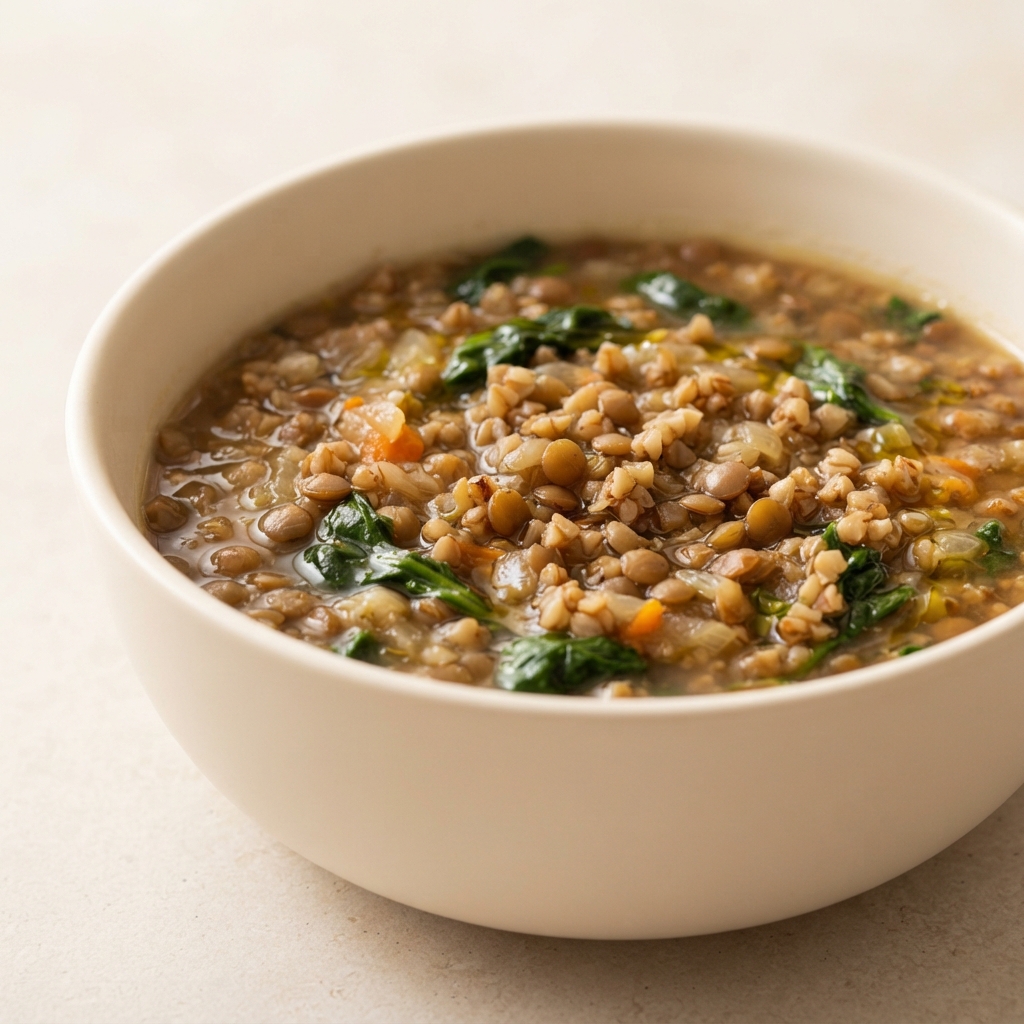 Buckwheat and Lentil Spinach Soup