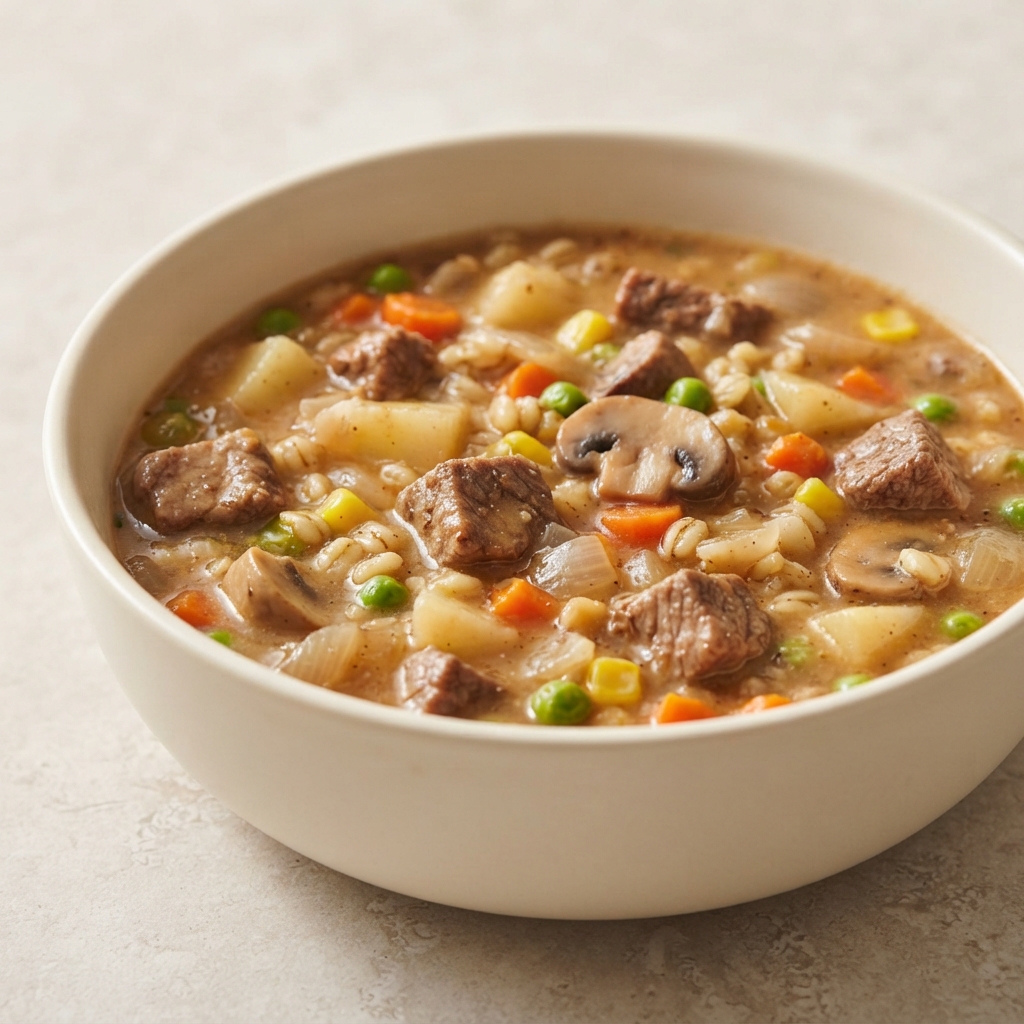 Crockpot Beef Stew with Barley and Mushrooms