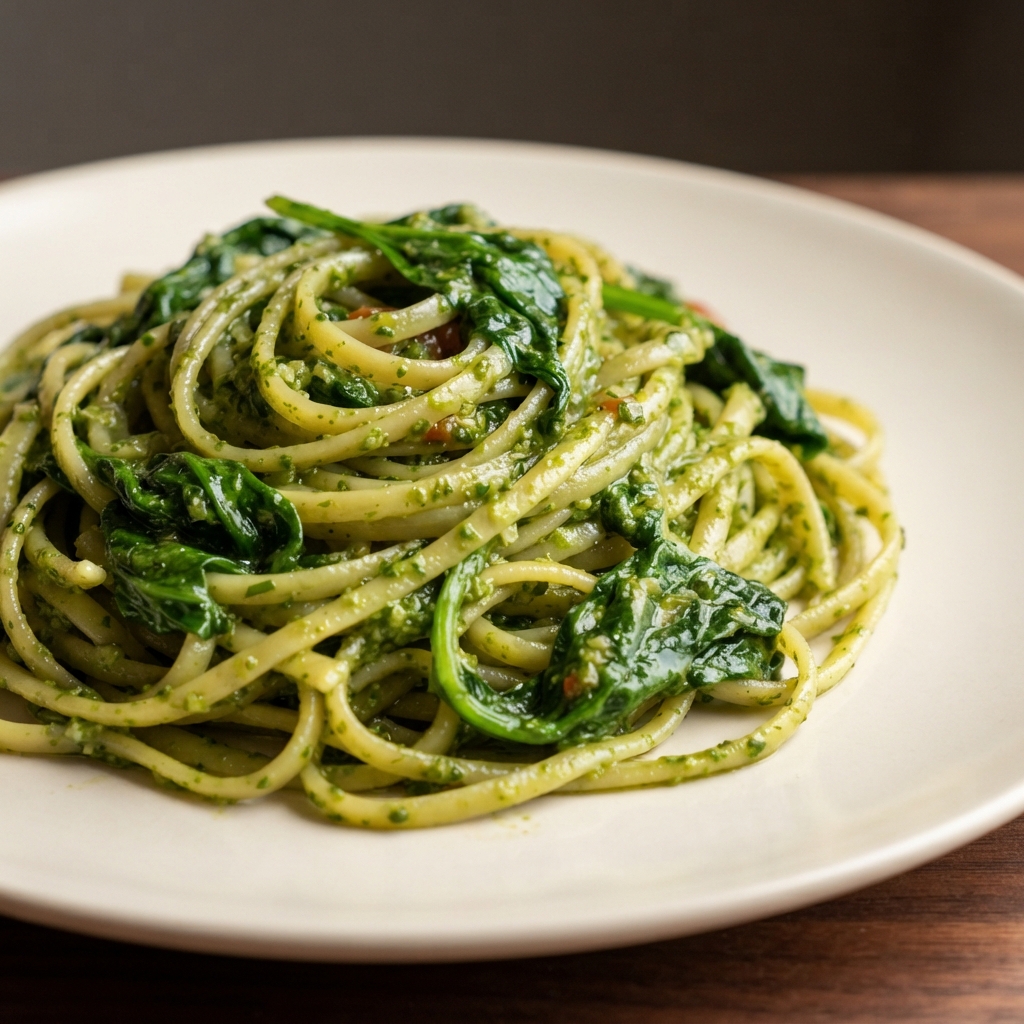 Spinach Linguine with Garlic Scape Pesto