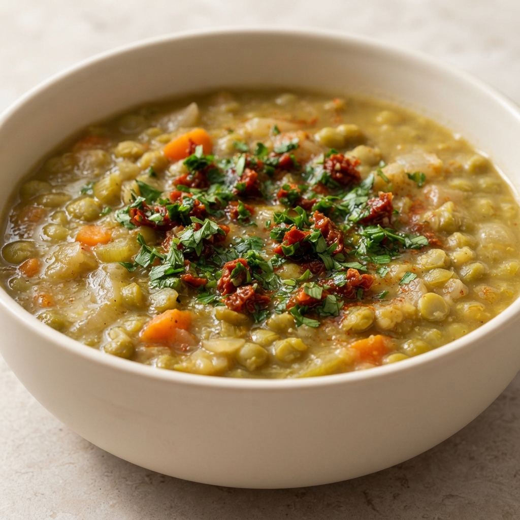 Green Split Pea Soup with Sun-Dried Tomato Gremolata