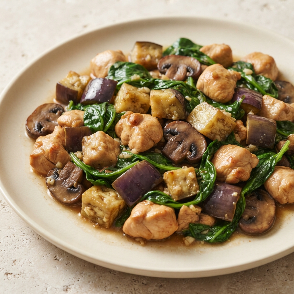 Stir-Fried Chicken with Eggplant and Spinach