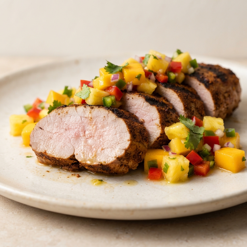 Char-Grilled Pork Tenderloin with Mango–Pineapple Salsa
