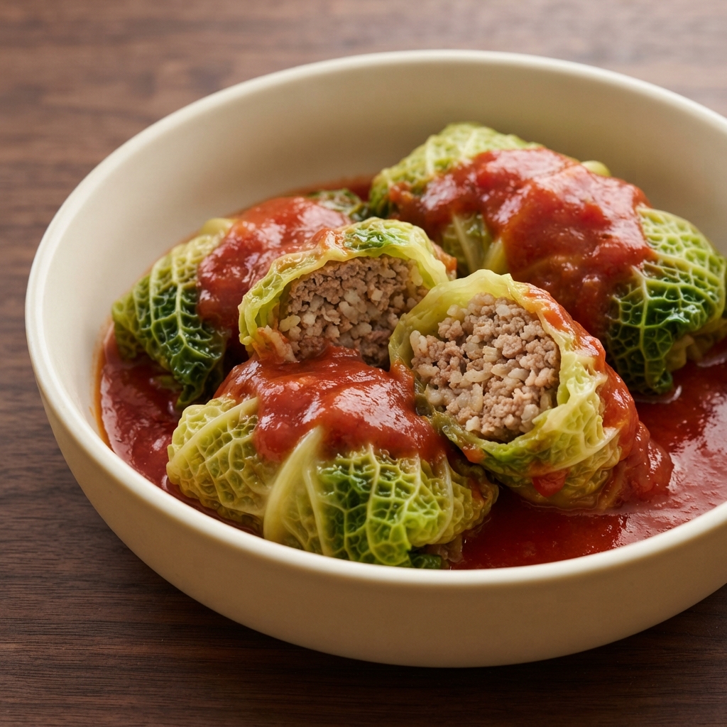 Stuffed Savoy Cabbage Rolls in Tomato Sauce