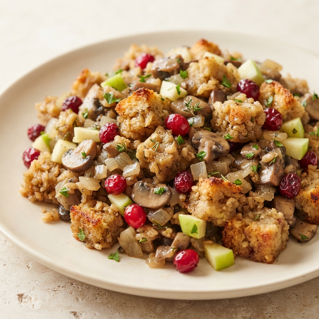 Plant-Based Holiday Stuffing with Mushrooms, Cranberries, and Herbs