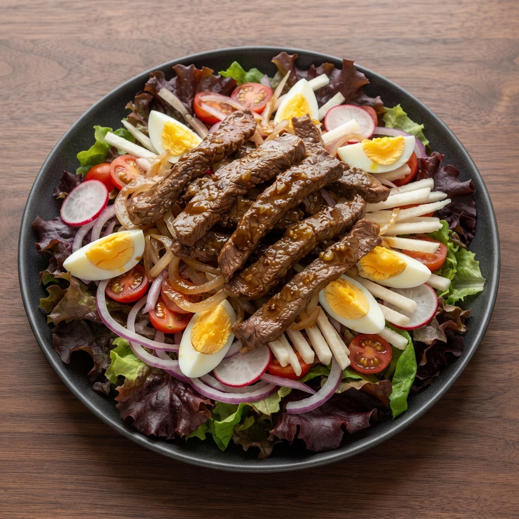 Warm Beef and Greens Layered Salad with Soy-Ginger Dressing