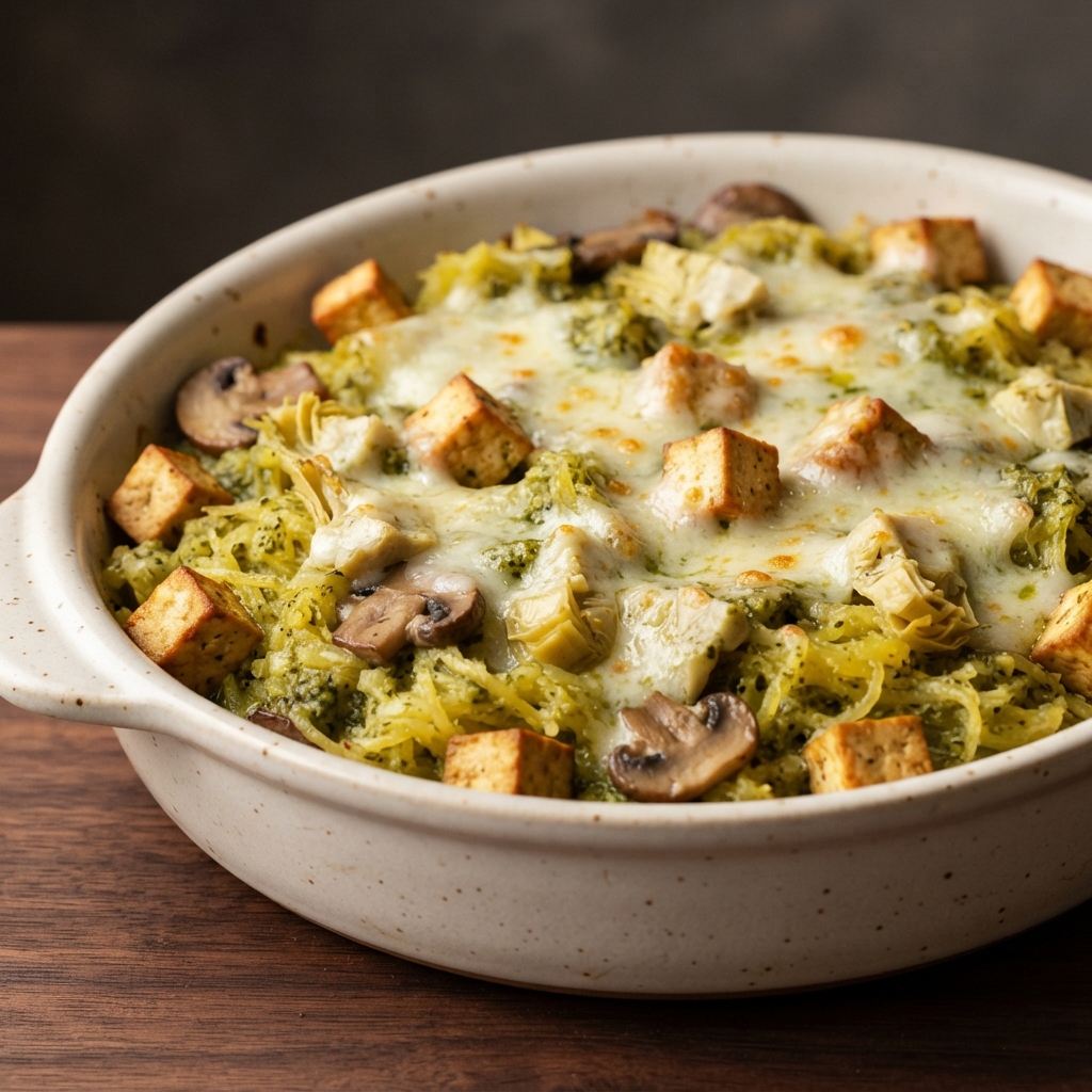 Pesto Tofu Spaghetti Squash Bake