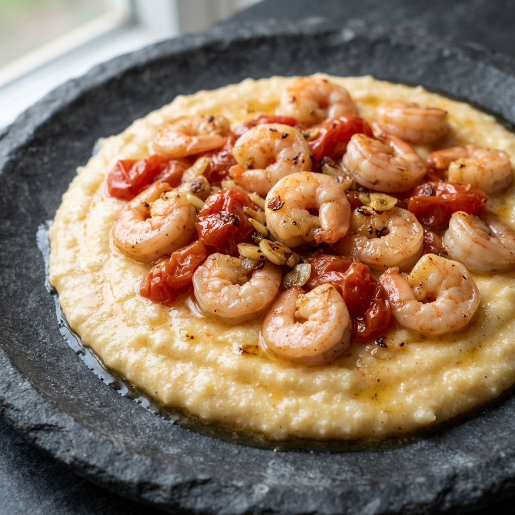 Shrimp over Garlicky Cheese Grits