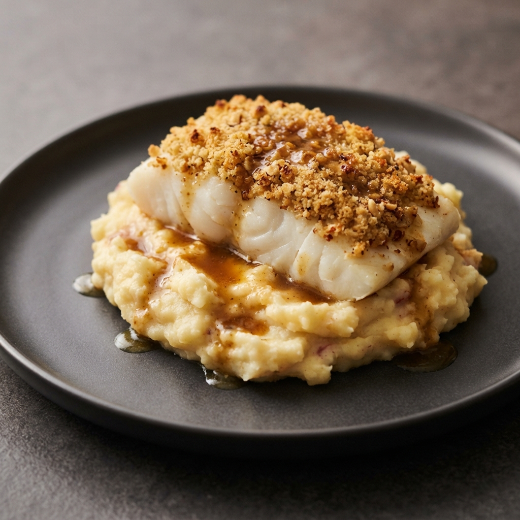 Halibut with Hazelnut Crust and Garlic Mash