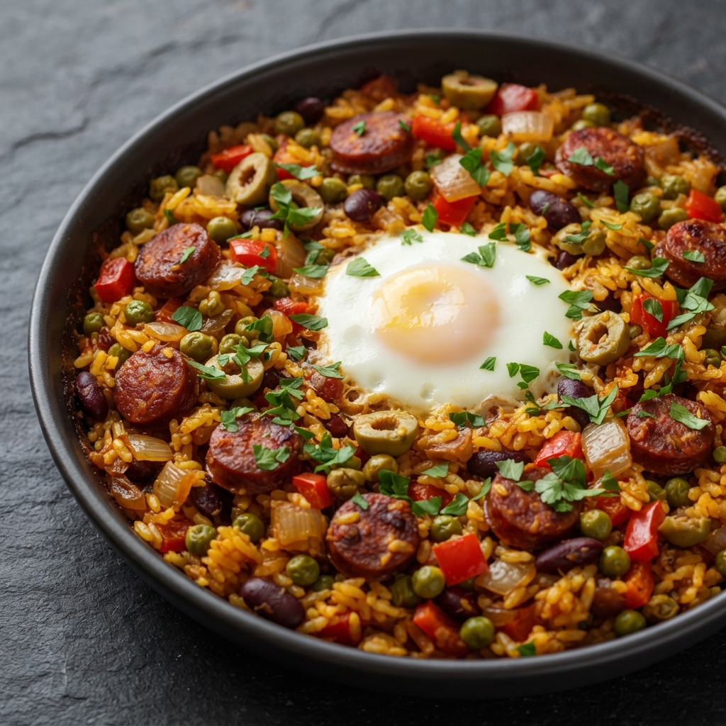 Morning Paella with Chorizo and Eggs