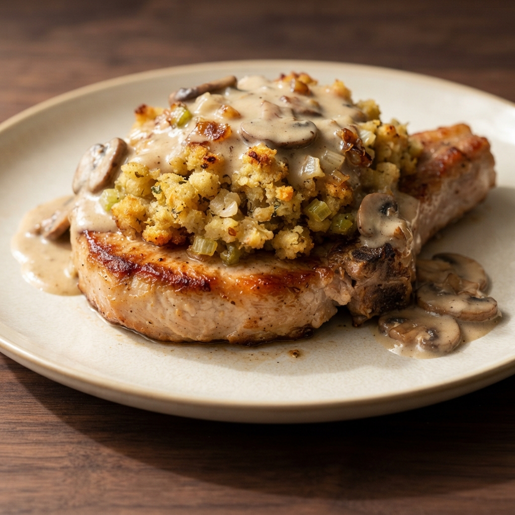 Bread-Stuffed Pork Chops with Creamy Mushroom Sauce