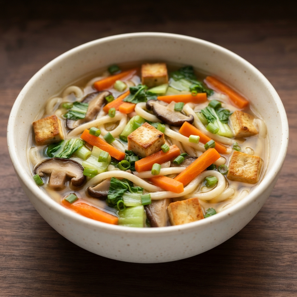 Tofu and Vegetable Udon Noodle Soup (Vegan)