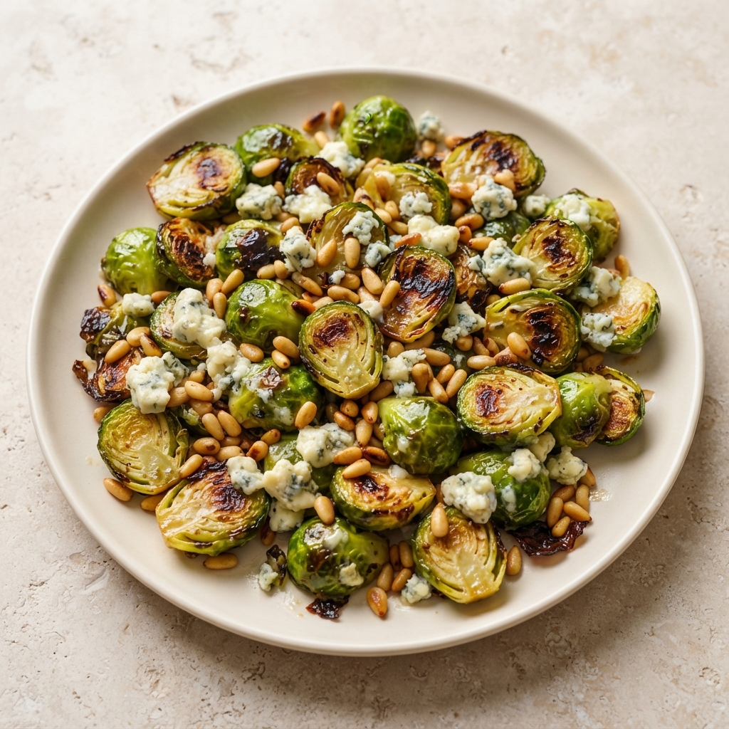 Oven-Roasted Brussels Sprouts with Lemon, Pine Nuts, and Blue Cheese