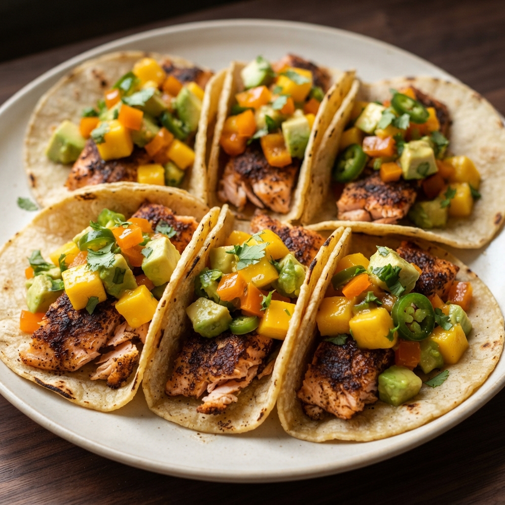 Spiced Blackened Salmon Tacos with Mango-Avocado Chunky Salsa