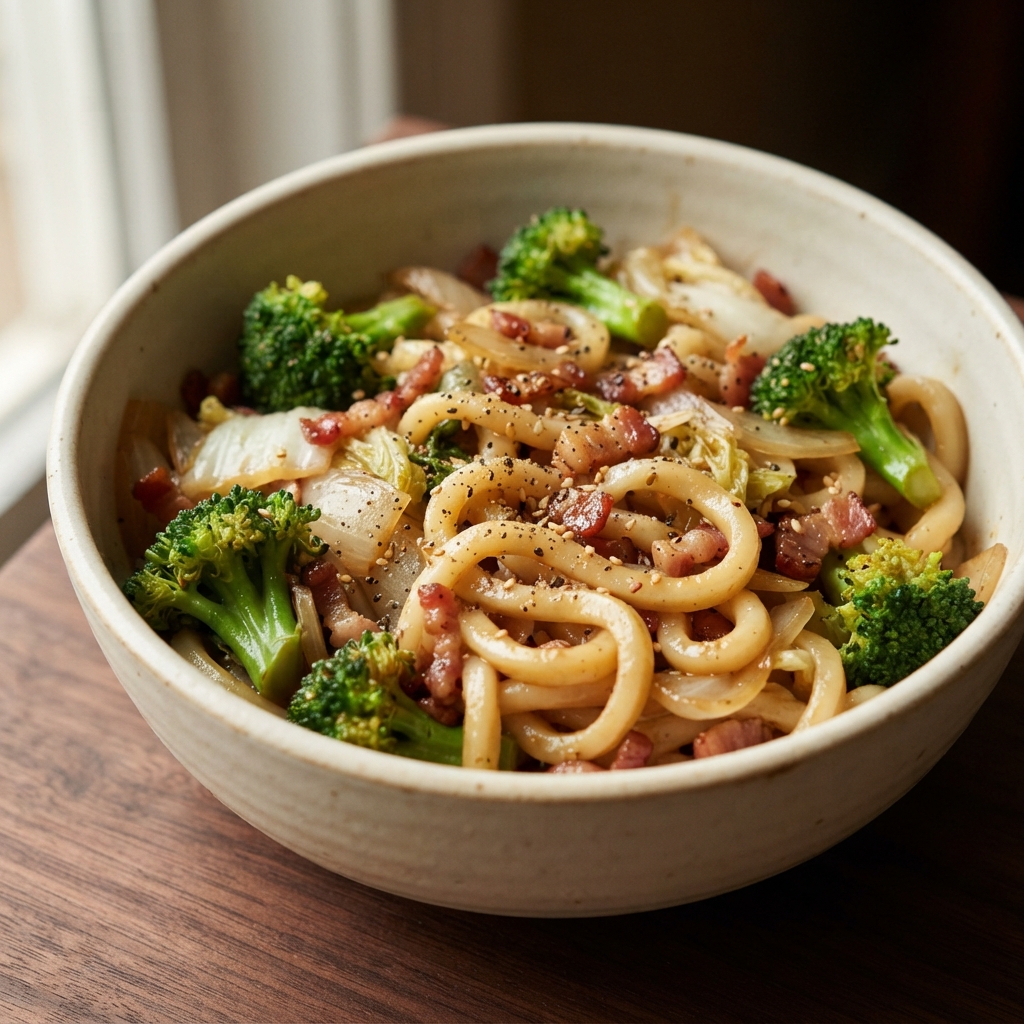 Udon with Broccoli and Bacon