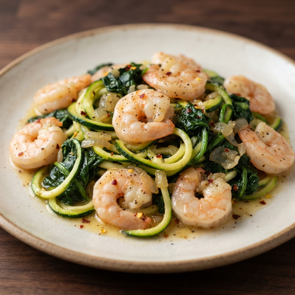 Garlicky Shrimp Florentine with Zucchini Noodles