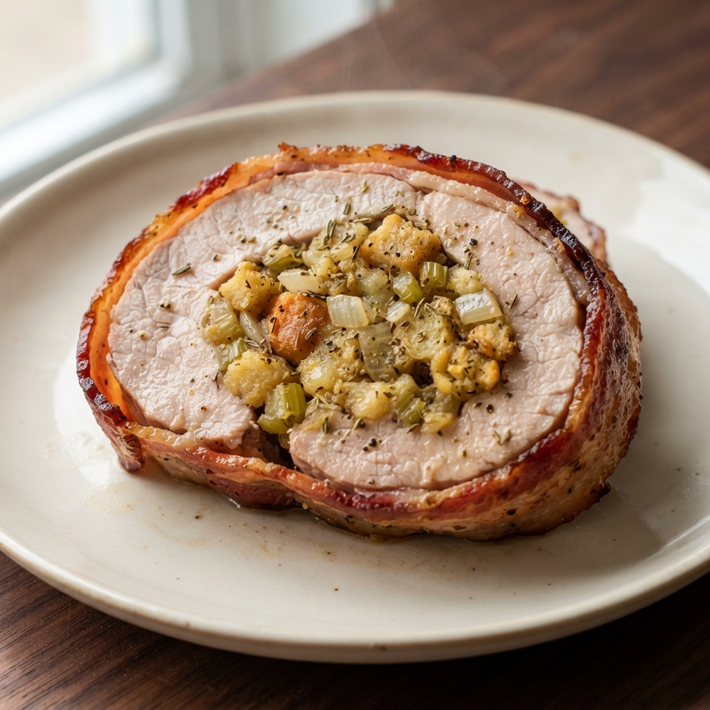 Bacon-Wrapped Pork Tenderloin with Savory Bread Stuffing