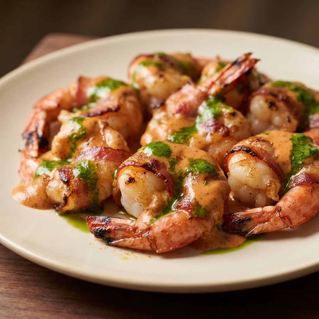 Chipotle Vinaigrette Shrimp Wrapped in Pancetta with Cilantro Oil