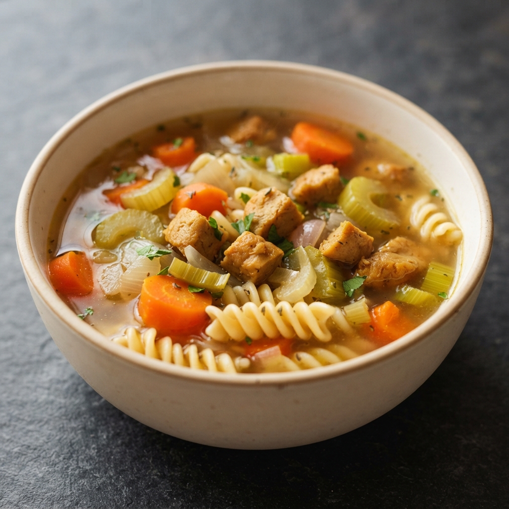 Vegan 'Chicken' Noodle Soup with Seitan