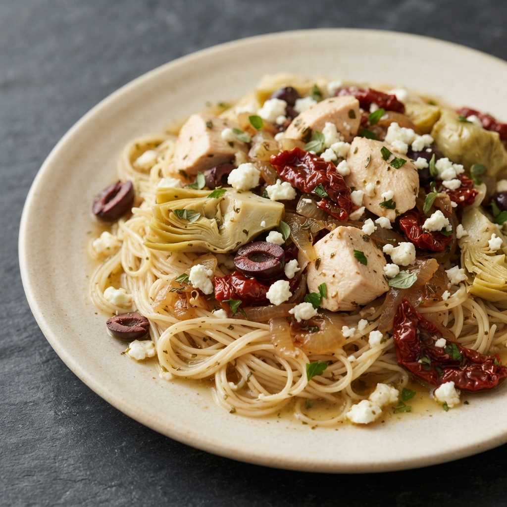 Chicken, Artichokes & Sun-Dried Tomatoes over Angel Hair