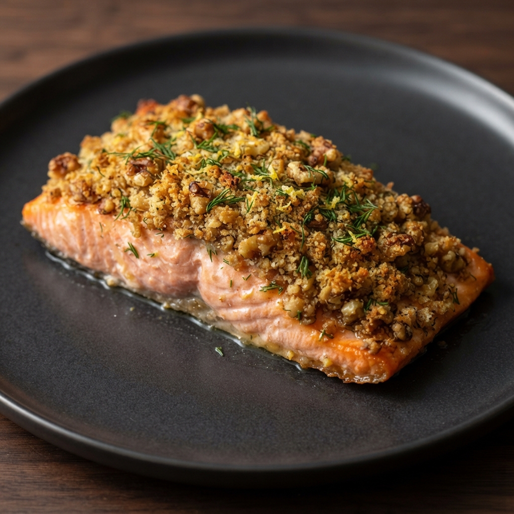 Walnut-Dill Crusted Salmon Fillets with Lemon