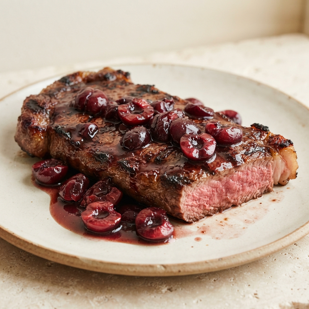 New York Strip Steaks with Vanilla-Cherry Pan Sauce