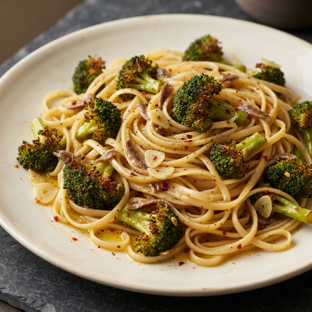 Chili-Flecked Linguine with Broccoli, Anchovies, and Garlic