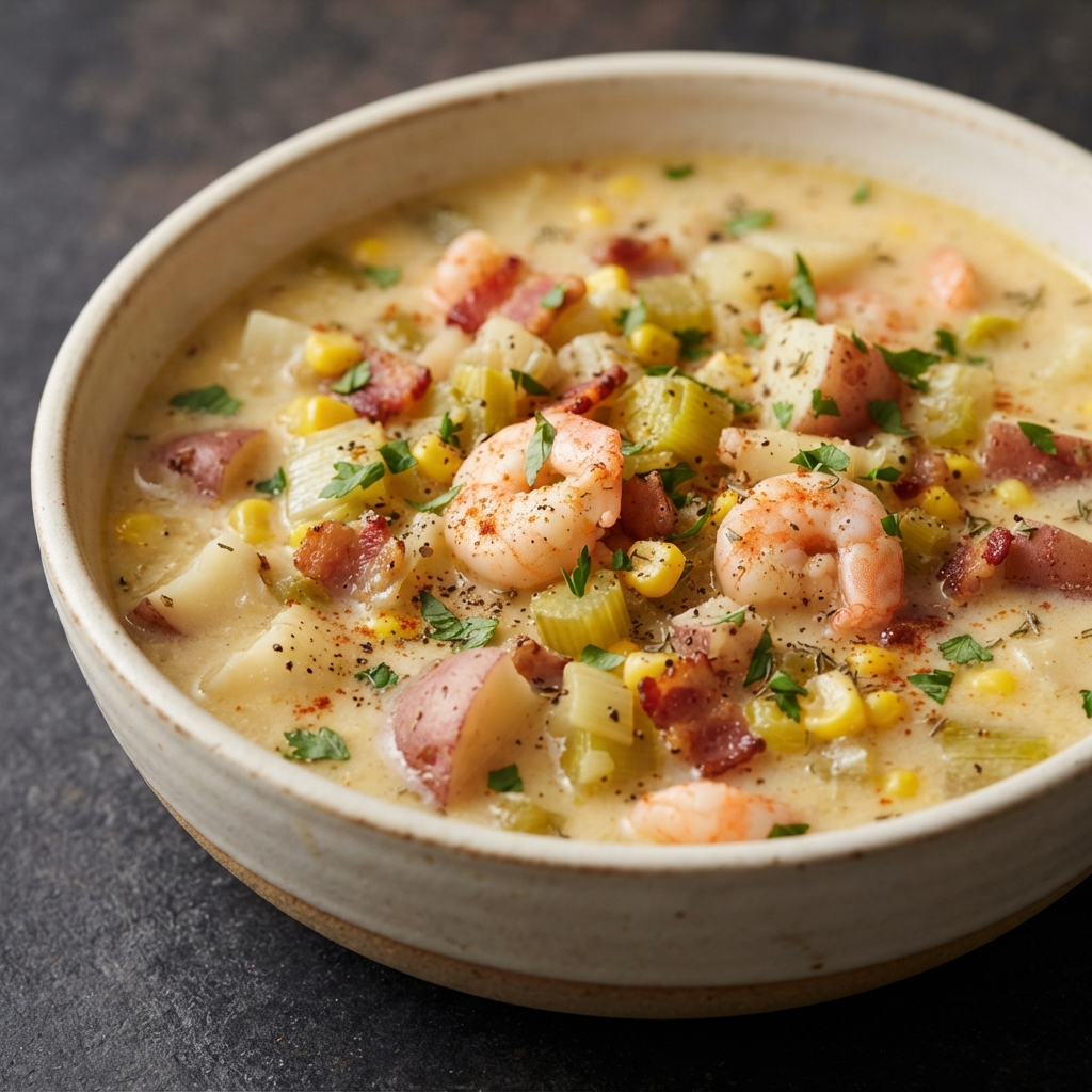 Potato–Leek Chowder with Shrimp and Corn