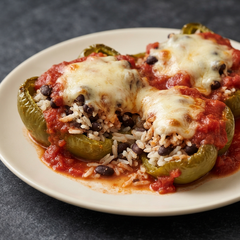 Green Bell Peppers Stuffed with Rice, Beans, and Swiss Cheese