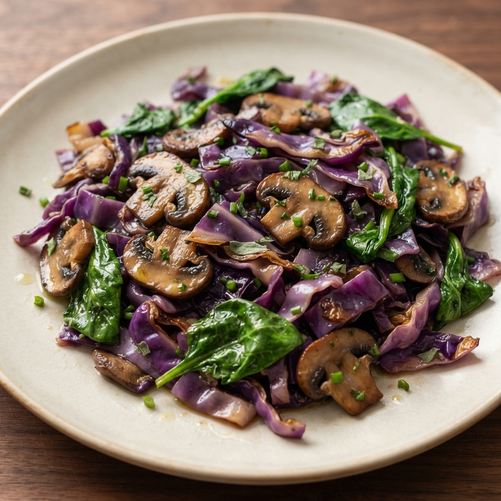 Skillet Red Cabbage with Mushrooms and Spinach