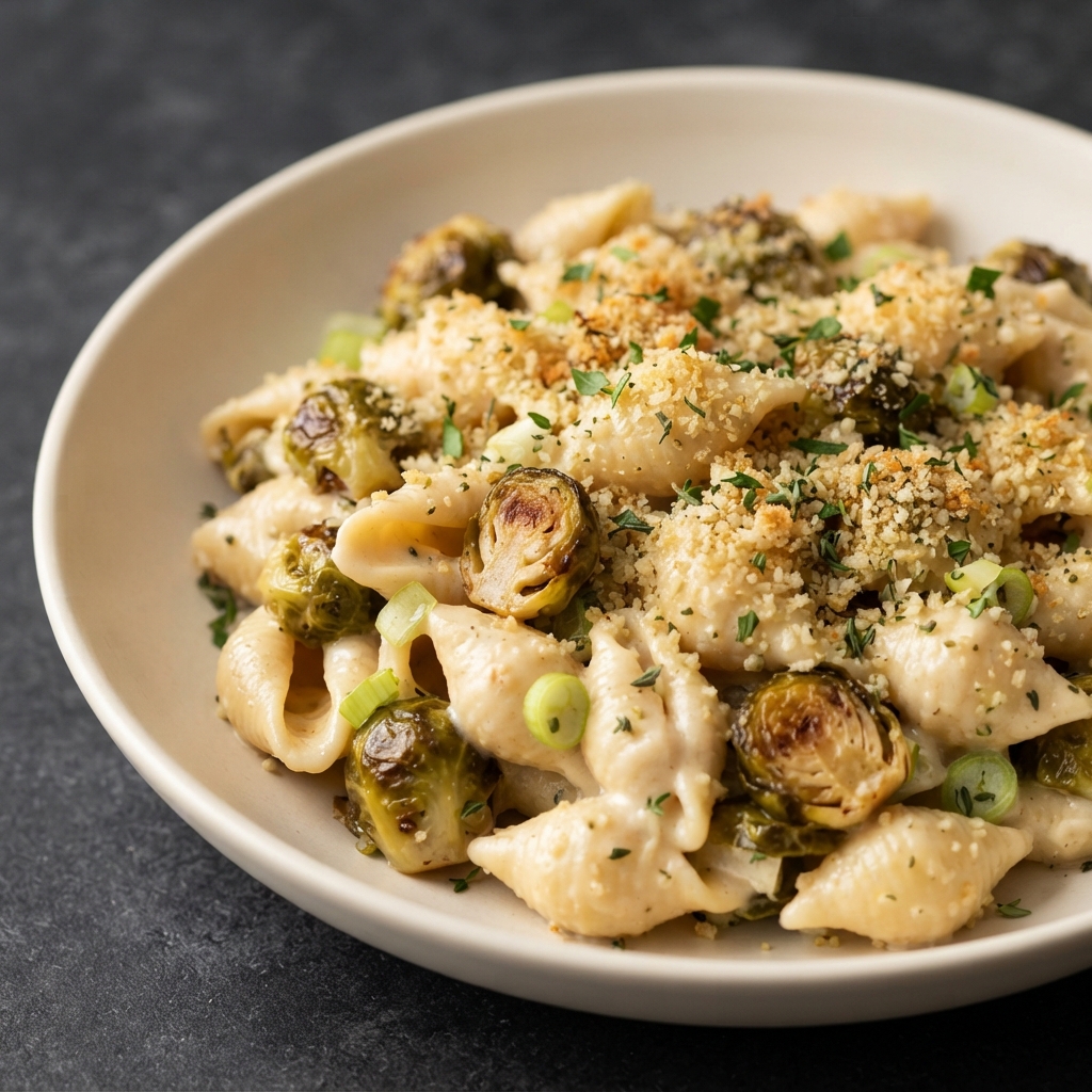 Vegan Creamy Baked Pasta with Brussels Sprouts