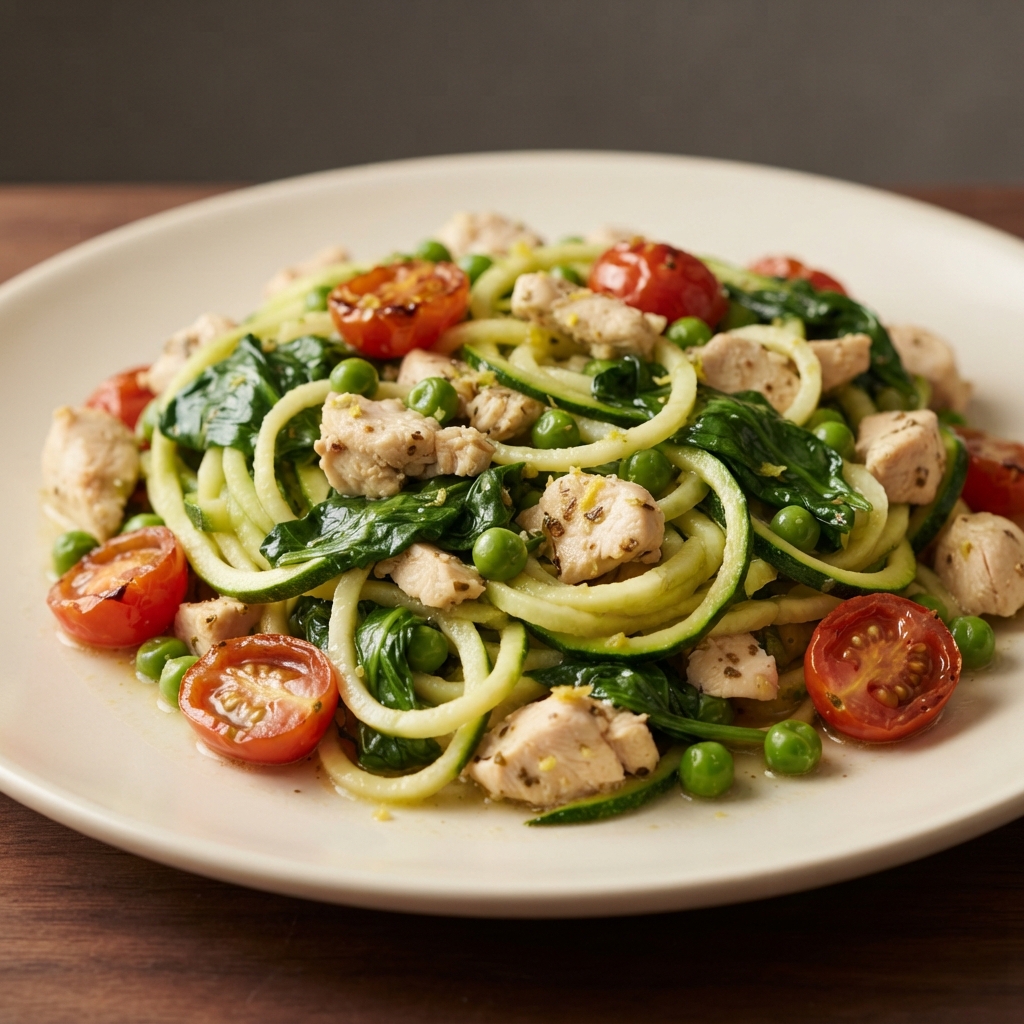 Chicken, Tomatoes, and Zucchini Noodles in Bright Lemon-Garlic Sauce
