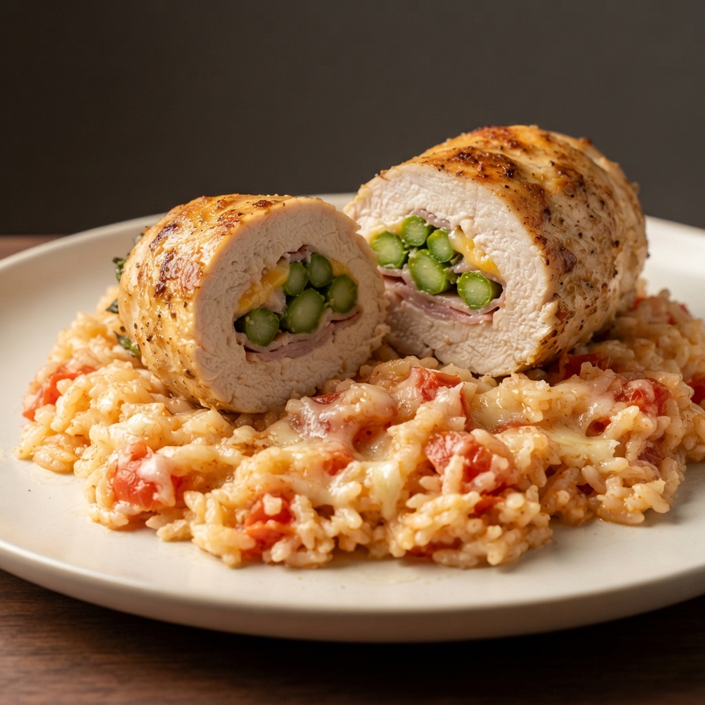 Asparagus-Stuffed Chicken Breasts with Ham over Parmesan Tomato Rice