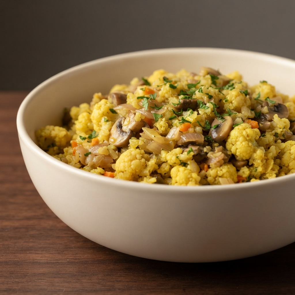 Golden Cauliflower Pilaf with Mushrooms and Herbs