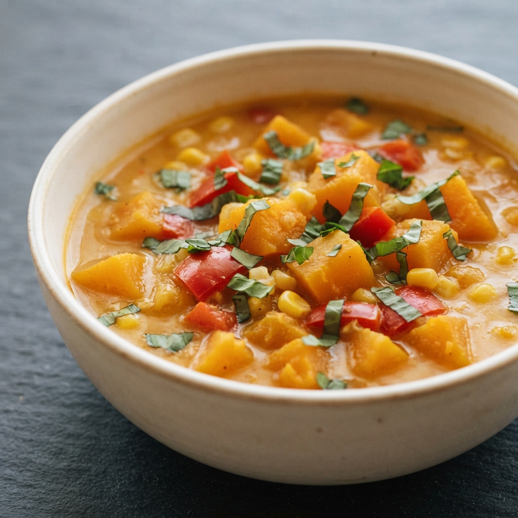 Coconut Pumpkin Soup (Vegan) with Red Curry and Basil