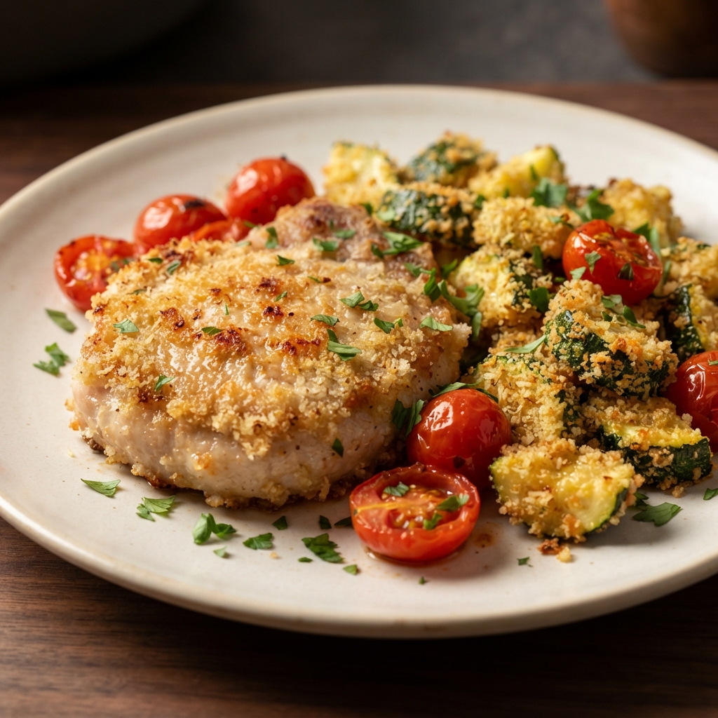 Oven-Finished Pork Chops with Crispy Zucchini