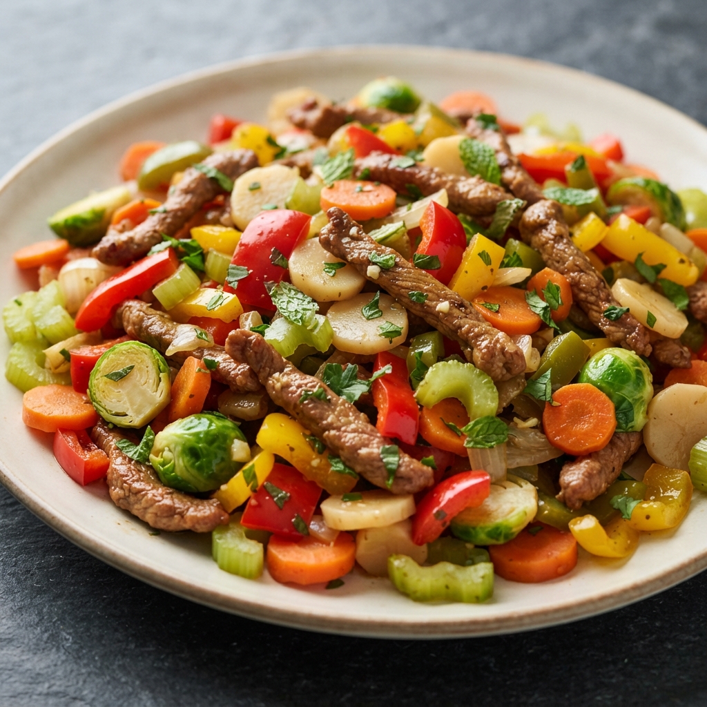 Herb-Ginger Pork Stir-Fry with Bell Peppers and Water Chestnuts