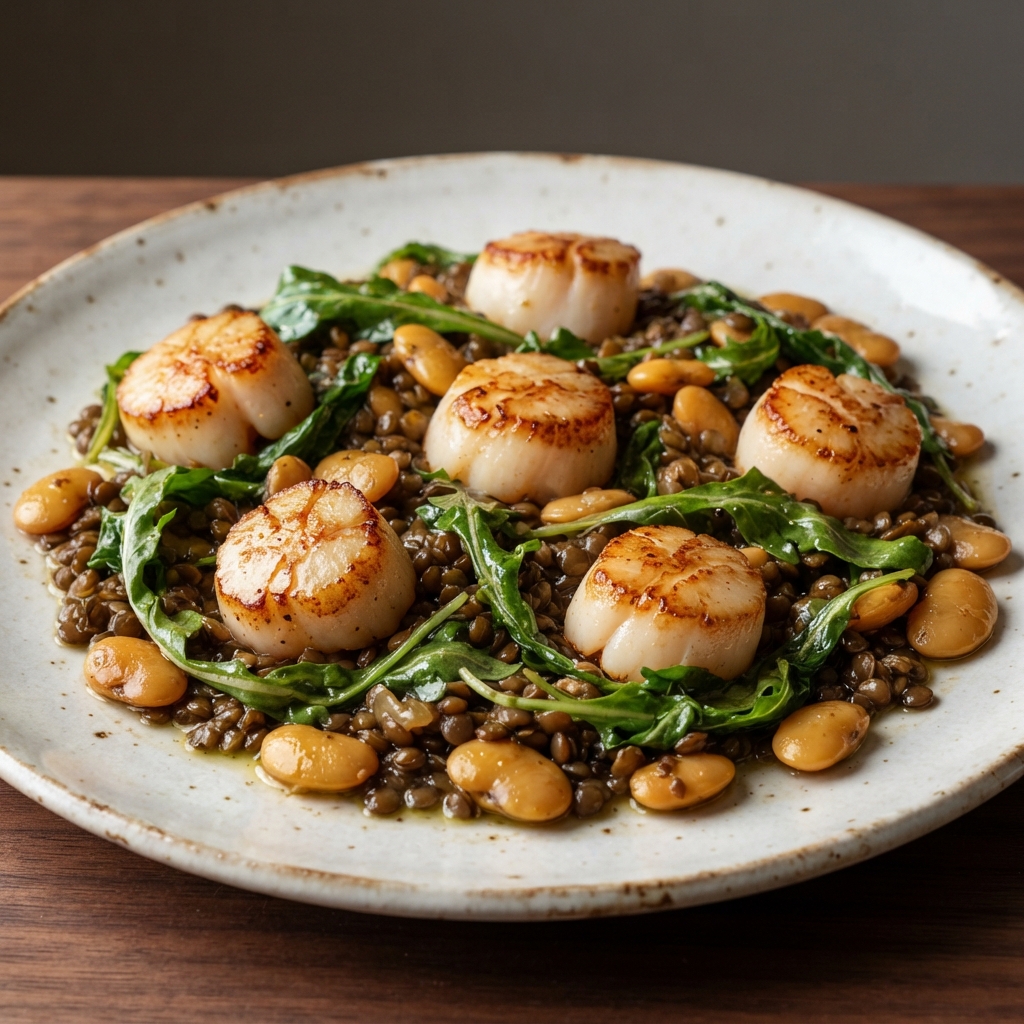 Seared Scallops with Arugula, Lentils, and Butter Beans