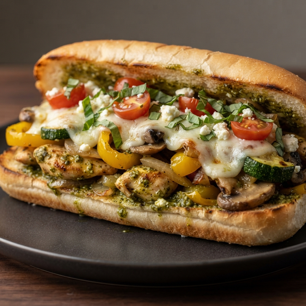 Pesto Chicken Hoagie with Mozzarella and Veggies