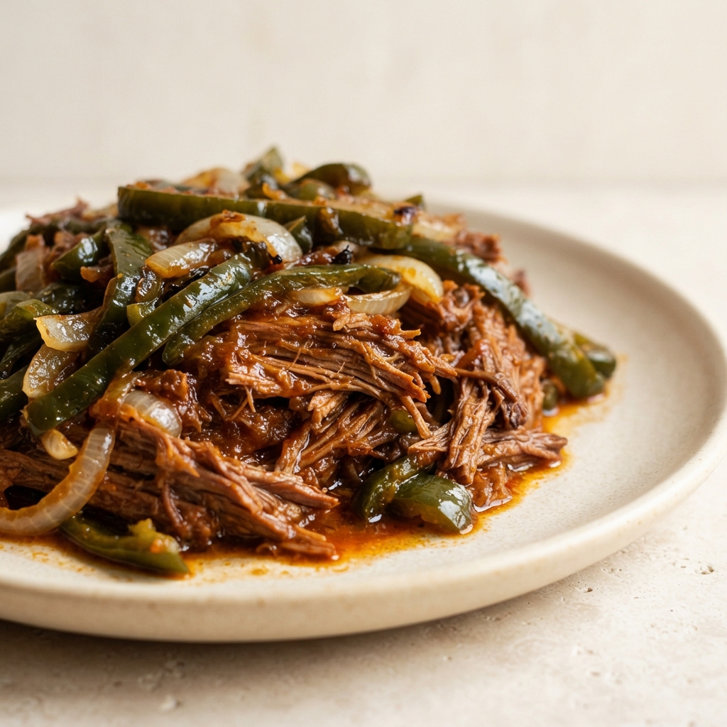 Pressure Cooker Brisket Barbacoa with Poblano Peppers and Onions