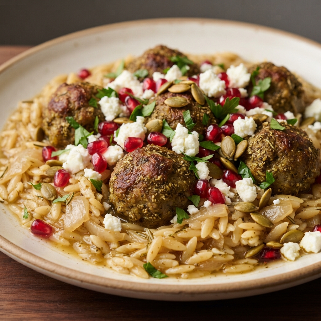 Za’atar Lamb Meatballs with One-Pan Orzo Pilaf
