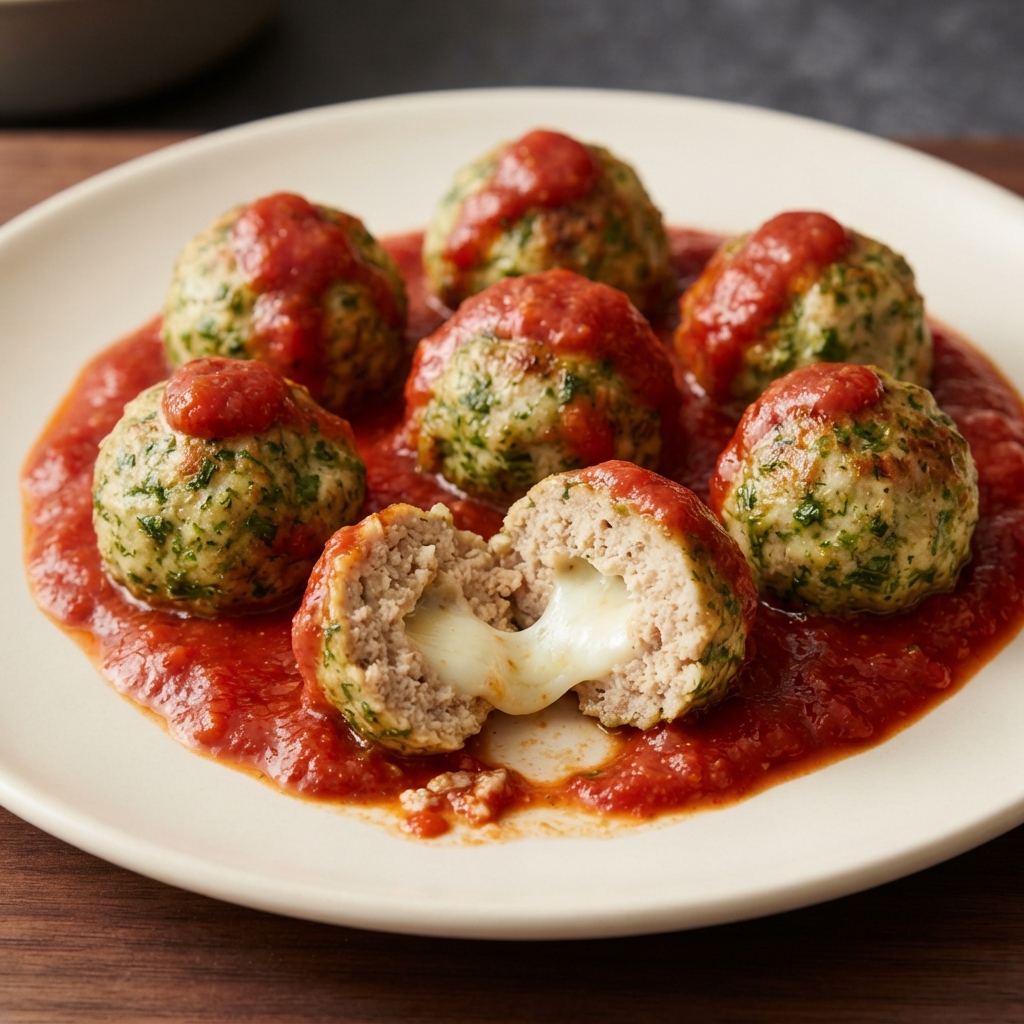 Pesto Turkey Meatballs with Gooey Mozzarella Centers