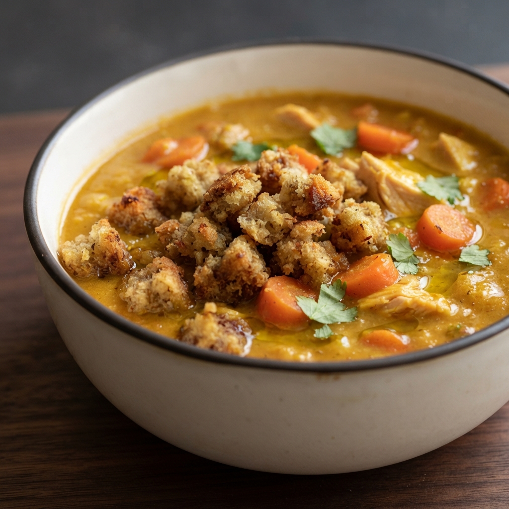 Slow Cooker Curried Turkey Day Soup with Stuffing Croutons