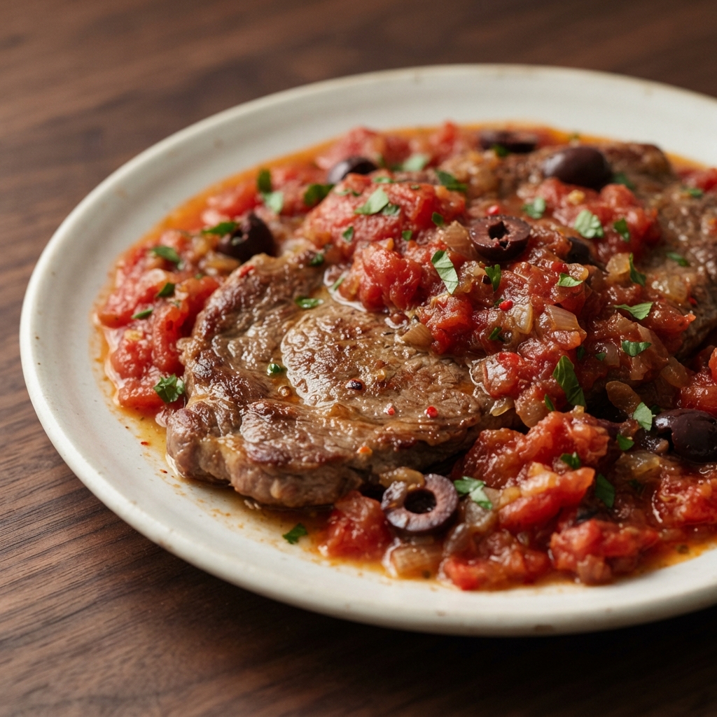 Steak alla Pizzaiola with Tomato, Olive, and Herb Sauce