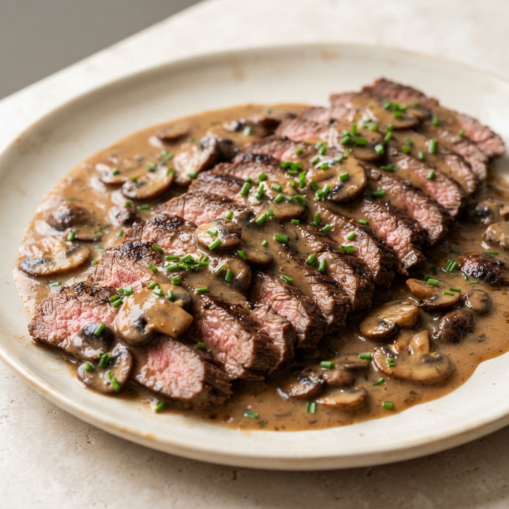 Flat Iron Steak with Creamy Mushroom Wine Sauce