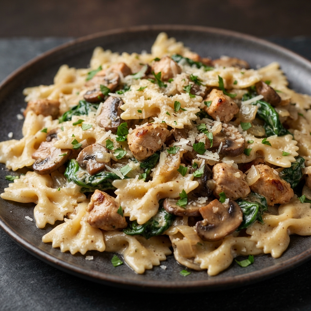 Chicken, Mushroom & Spinach Farfalle in Creamy Dijon Sauce