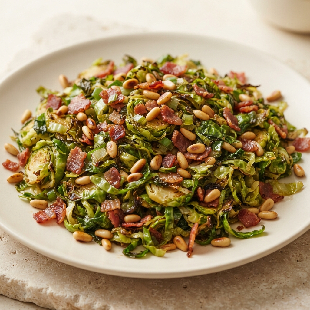 Crispy Bacon Brussels Sprouts with Pine Nuts