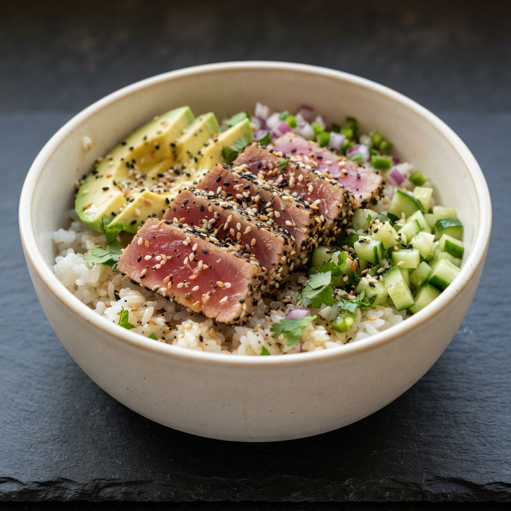 Seared Tuna Rice Bowl with Everything Bagel Crunch