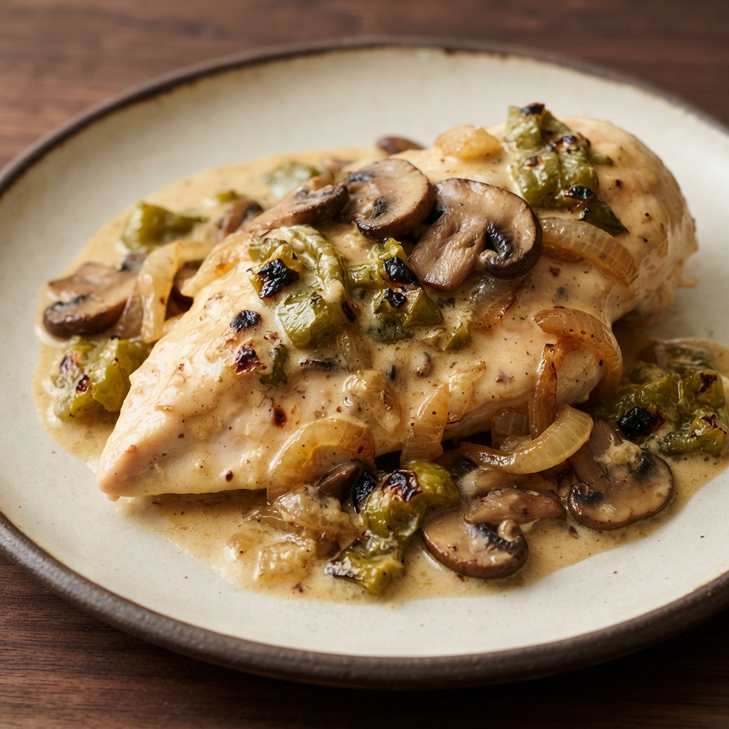 Creamy Chicken Breasts with Hatch Chiles and Mushrooms